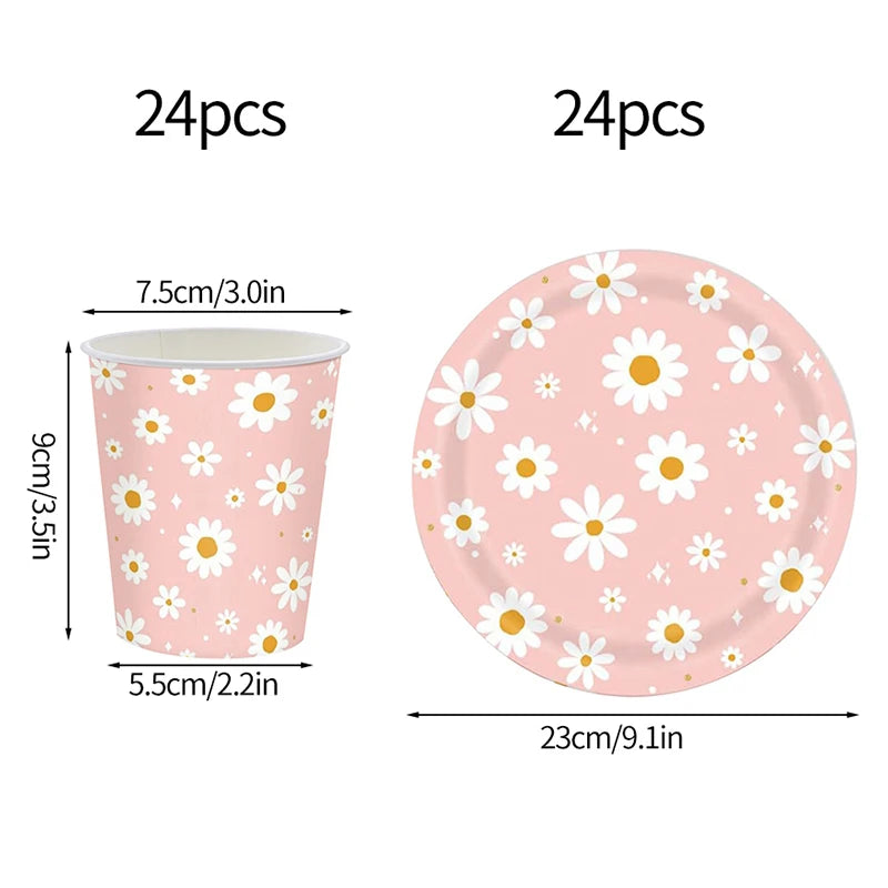 24pcs 7/9inch Pink Daisy Theme Disposable Tableware Flower Plate Napkin Straws Banner Birthday Party Baby Shower Wedding Decor Good Vibrations