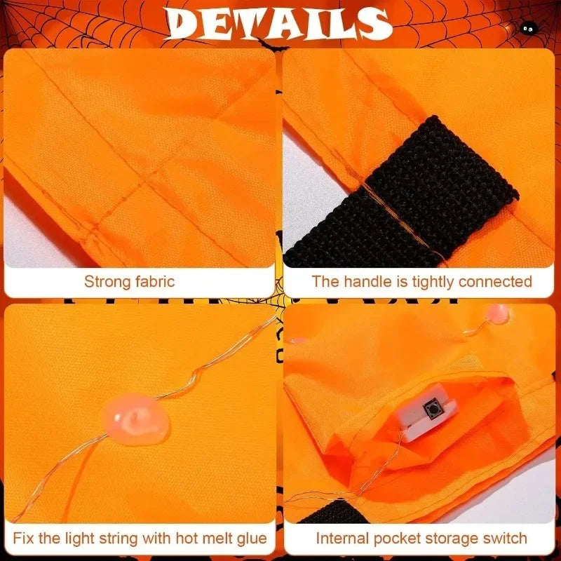 1-20PC LEDLight Up Halloween Pumpkin Candy Tote Bag Basket for Kids Trick or Treat Party Bucket for Holiday Event Decoration Use Good Vibrations