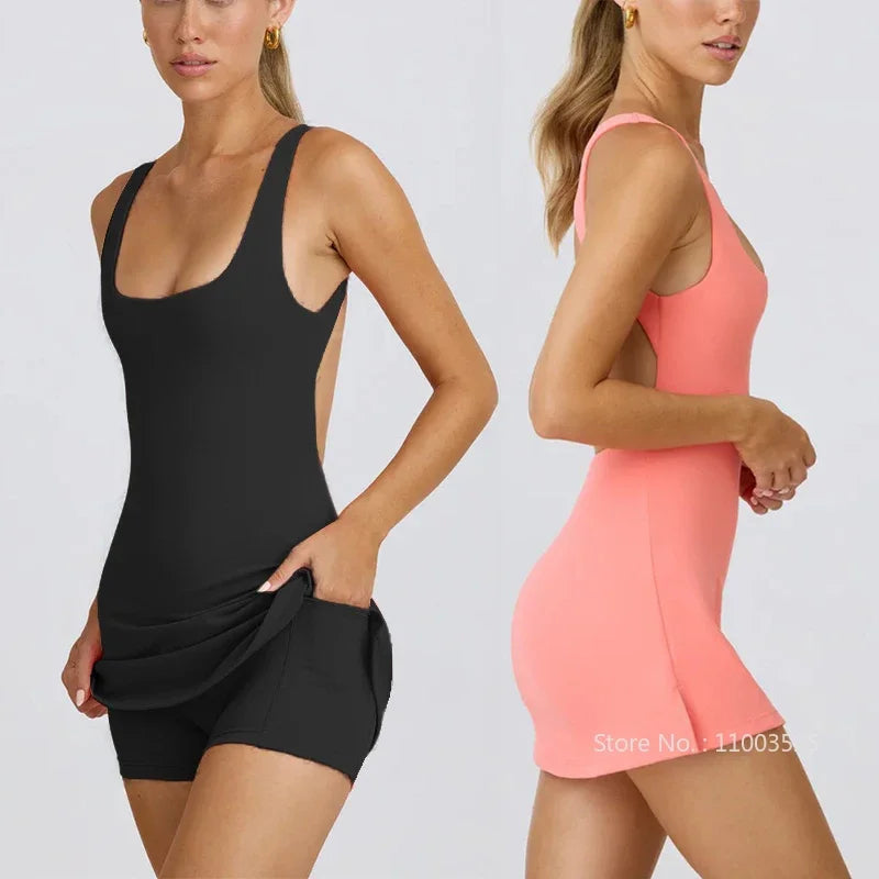 Tennis Dress Women Quick Dry Backless Golf Sport Skirts Set Sleeveless Slim Fitness Yoga Dress with Inner Shorts Sportswear Good Vibrations