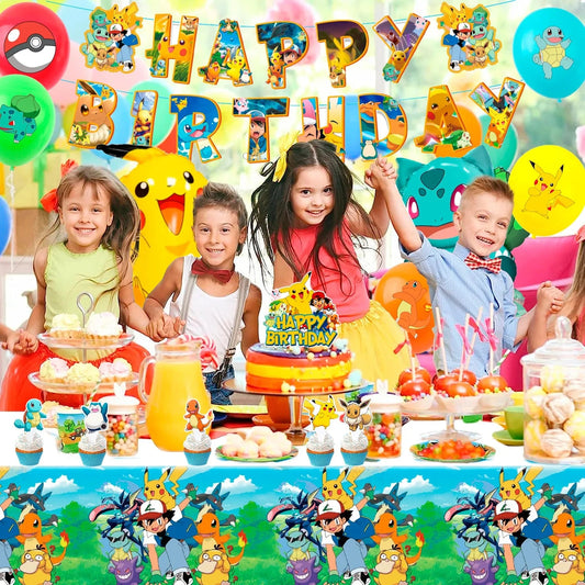 Pokemon Party Decorations, 38 Pcs Pokemon Birthday Decorations - Pokemon Banners Balloons Tablecloth etc Pikachu Party Supplies Good Vibrations