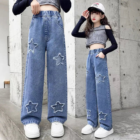 2-12 Years Spring  Autumn Girls Jeans Pentagram Decoration Long Denim Pants For Kids Children Outdoor Wear Straight Trousers Good Vibrations