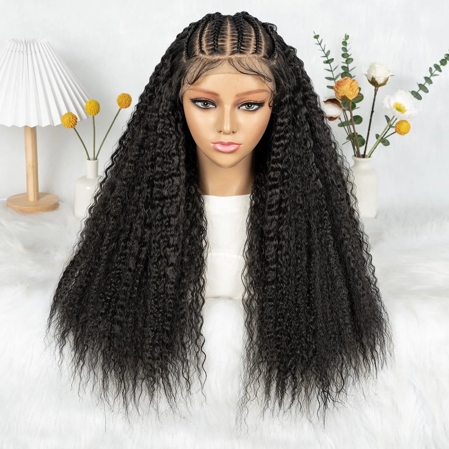Knotless Braided Wigs With Curly Hair 13x6 Synthetic Braided Wigs Cornrows Wigs Afro Kinky Curly Braided Wigs For Black Women Good Vibrations