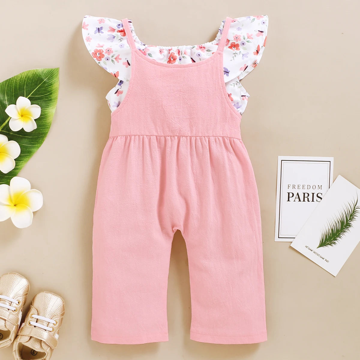 1-5Years Toddler Girl Clothes Set Floral Print Lotus Leaf Sleeve Top+ Suspender Pant Summer Fashion 2PCS Outfits for Kids Girl Good Vibrations