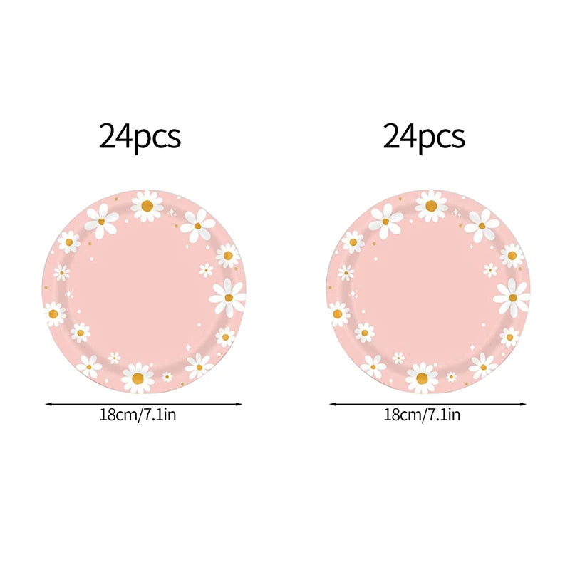 24pcs 7/9inch Pink Daisy Theme Disposable Tableware Flower Plate Napkin Straws Banner Birthday Party Baby Shower Wedding Decor Good Vibrations