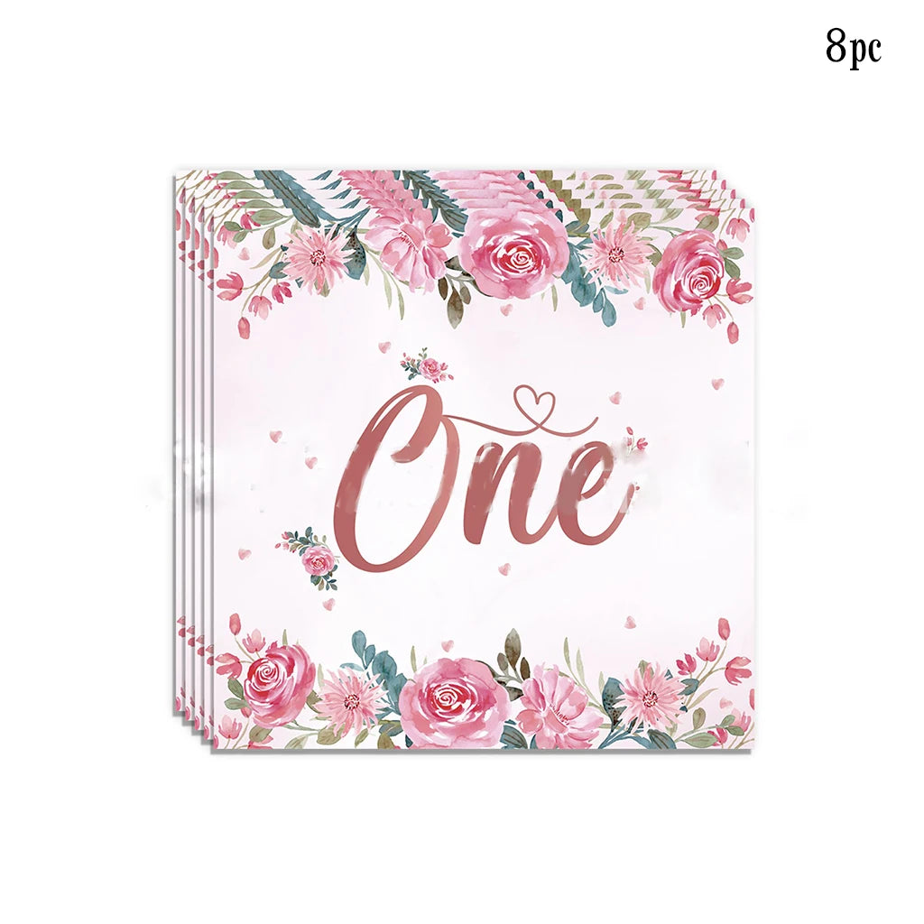 Pink Flower One Year Old Birthday Party Disposable Tableware Babyshower Girl Pink Paper Plates Baby Girl 1st Birthday Party Deco