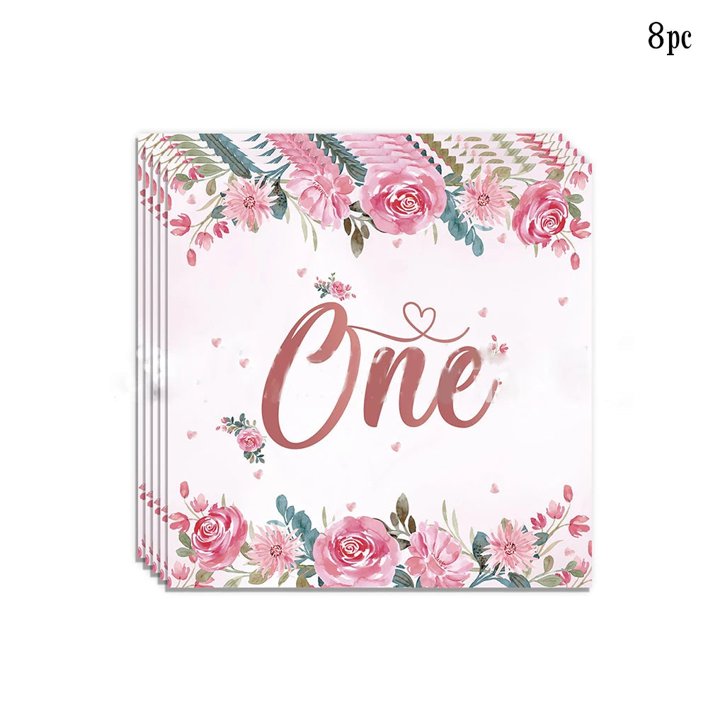 Pink Flower One Year Old Birthday Party Disposable Tableware Babyshower Girl Pink Paper Plates Baby Girl 1st Birthday Party Deco Good Vibrations