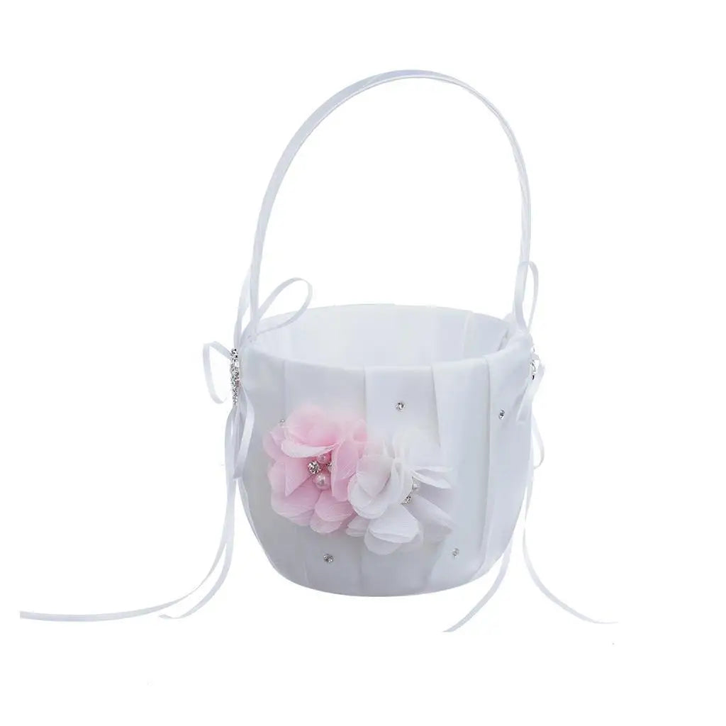 Wedding Bowknot Faux Pearl Flower Girl Basket With Heart Shape Decor Pink Good Vibrations