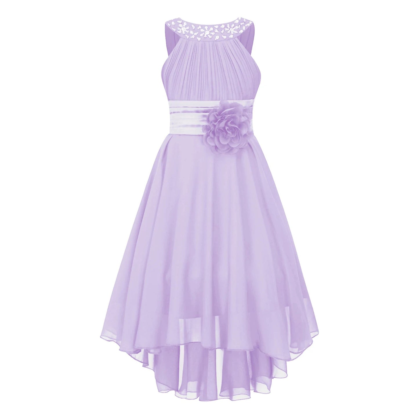 Kids Wedding Flower Girls Party Dress Sleeveless Ruched Shiny Beaded Hi-low Hem Elegant Chiffon Dress for Birthday Evening Prom Good Vibrations