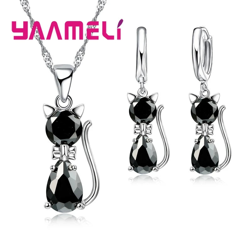 Real 925 Sterling Silver Color Jewelry Sets for Woman Girls Shining Austrian Crystal Cute Cat Pendant Necklace Huggie Earring Good Vibrations