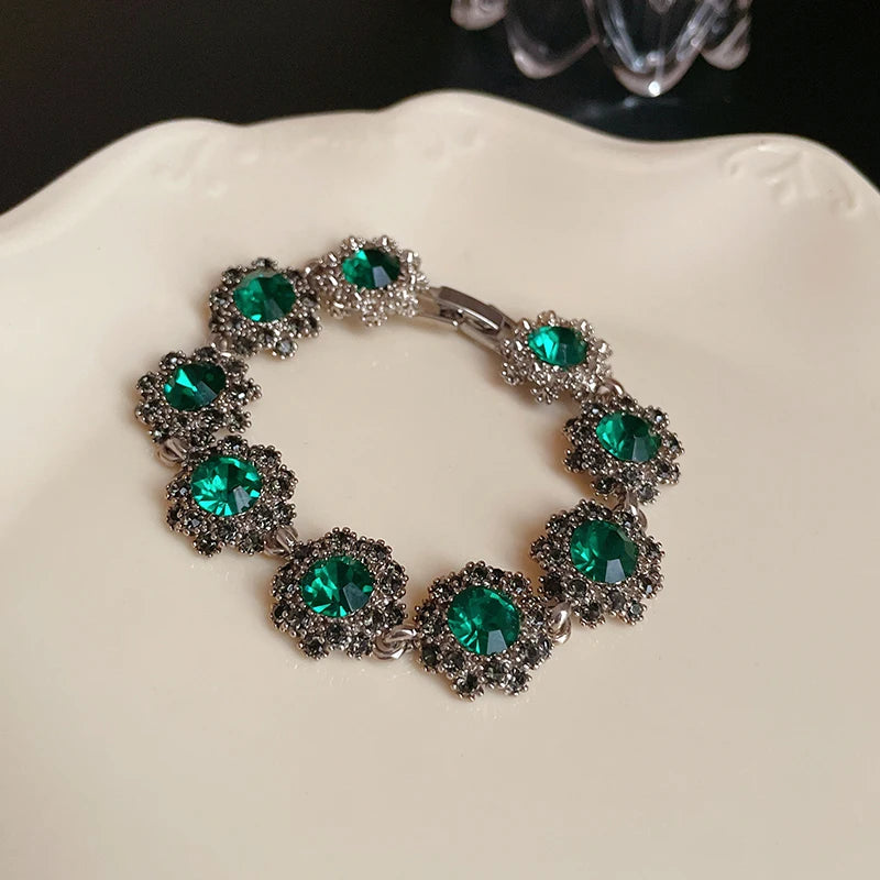 Rhinestone Green Circle Flower Necklace for Women Medieval Vintage Bracelet French Luxury Dainty Earrings Jewelry Sets Wholesale Good Vibrations Adult Super Store