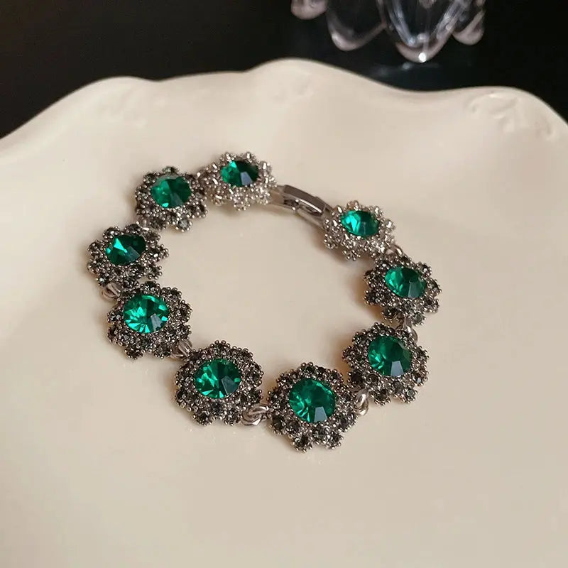 Rhinestone Green Circle Flower Necklace for Women Medieval Vintage Bracelet French Luxury Dainty Earrings Jewelry Sets Wholesale Good Vibrations Adult Super Store
