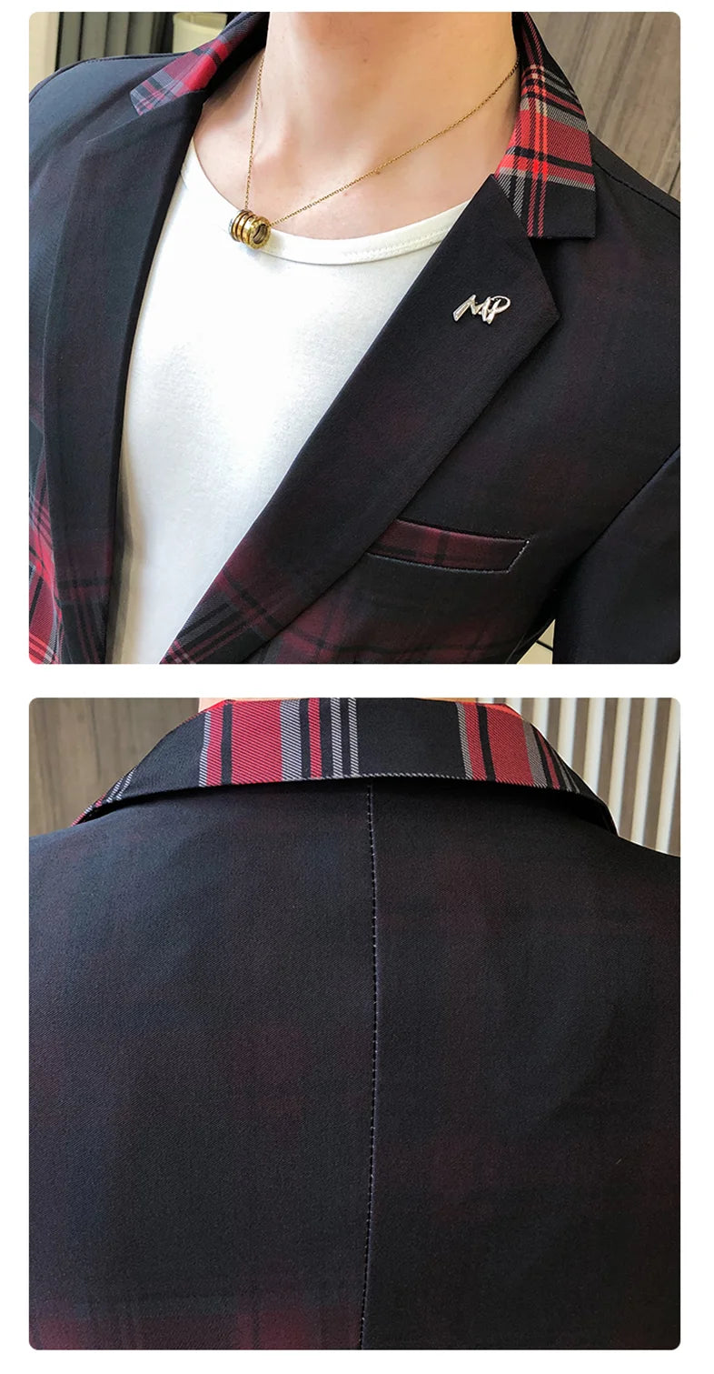 Blazer Men Boutique Fashion Plaid Men's Slim Casual Suit Jacket Male Ball Social Blazer Suit Coat Host Clothing Good Vibrations