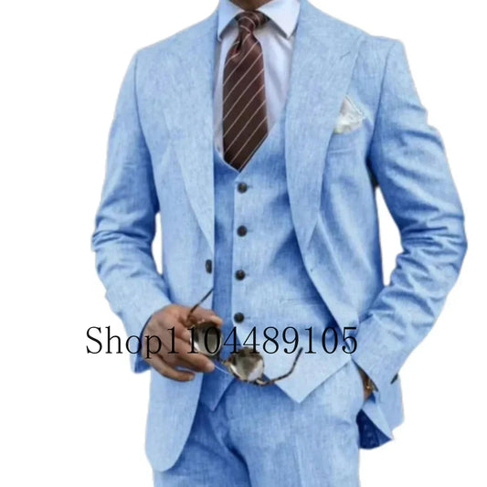 Elegant Man Suit Tailored 3-piece Suit Linen Suit High-quality Wedding Art One Breasted Gun Lapels Suit for Men Summer Beach Good Vibrations