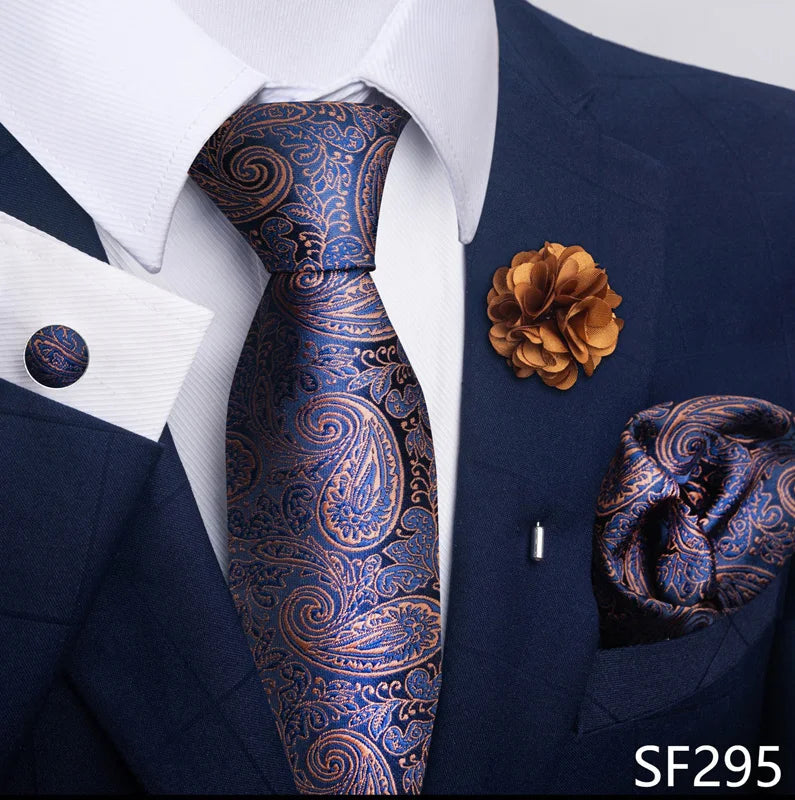 Luxury Mens Ties Floral Black Gold Ties Paisley NeckTie Pocket Square Cufflinks Brooch Set Men's Wedding Party Tie Good Vibrations