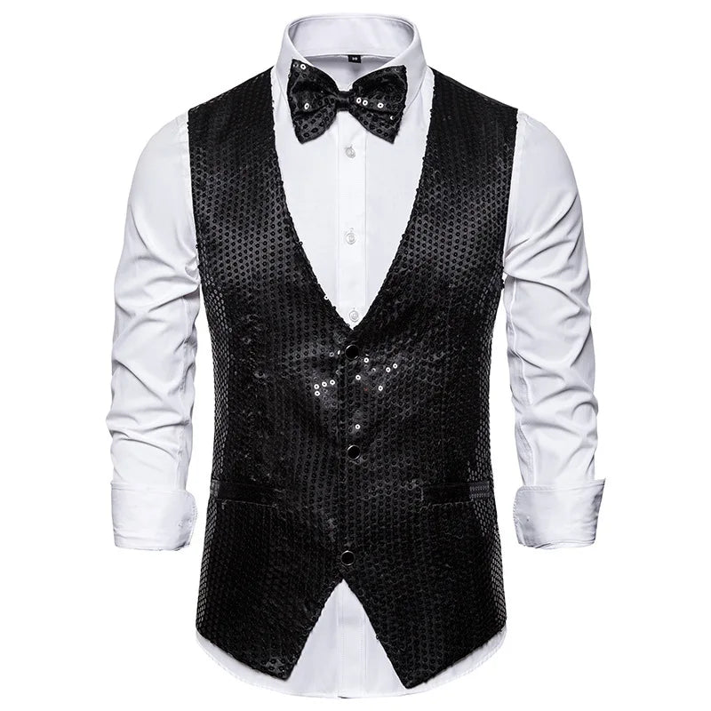 Gold Men's Sequin Vest Jacket, Single-breasted V-neck Sleeveless Vests Coat, Wedding Party Waistcoat Silver Blue Purple Red Tops