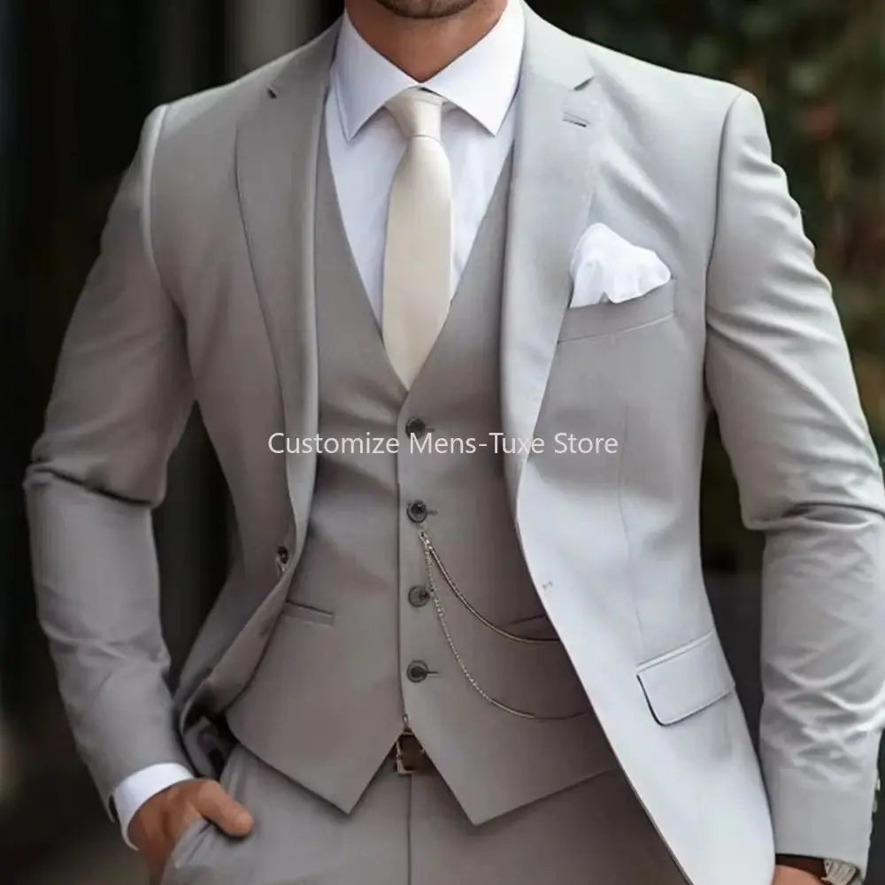 New Beige Suit Men Business Tuxedos Formal 3 Piece Set Jacket Vest Pants Single Breasted Groom Groomsman Prom Wedding Party Good Vibrations