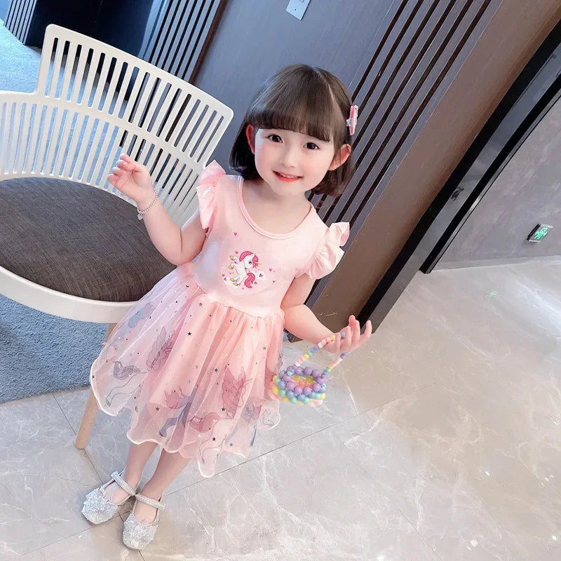 Girls Clothes 2025 New Summer Princess Dresses Flying Sleeve Kids Dress Unicorn Party Baby Dresses for Children Clothing 1-6Y Good Vibrations
