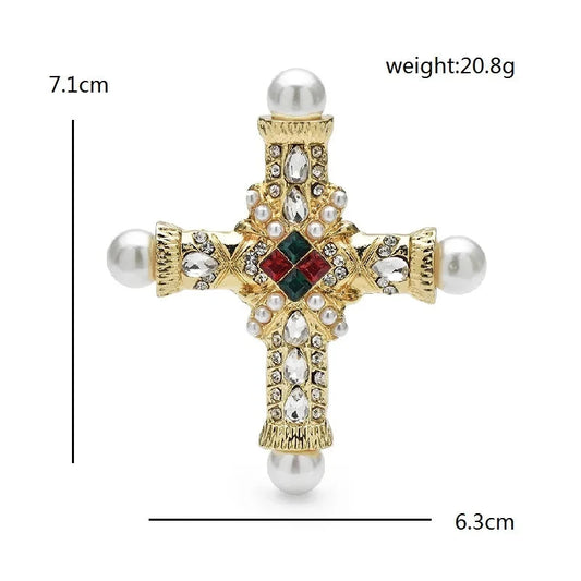 Wuli&baby Palace Style Cross Brooches For Women Men Pearl Rhinestone Baroque Cross Party Casual Brooch Pins Gifts Good Vibrations