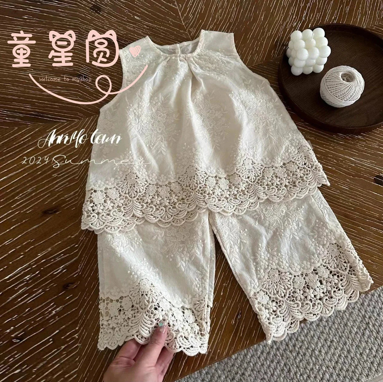 Girls' Suit, Foreign Style, New Children's Clothing, Summer Clothing, Baby Fashionable Lace Sleeveless Two-piece Set Good Vibrations