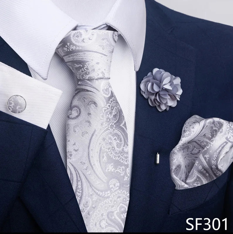 Luxury Mens Ties Floral Black Gold Ties Paisley NeckTie Pocket Square Cufflinks Brooch Set Men's Wedding Party Tie Good Vibrations