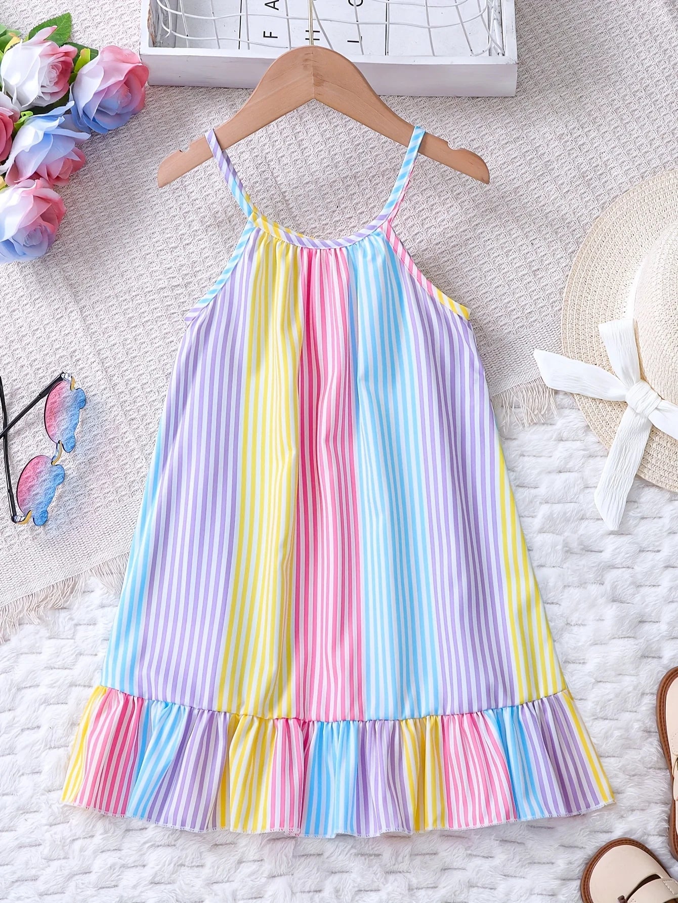 Girls' Summer Colorful Striped Ruffle Hem Dress Children's Summer Vacation Beach Play Suspender Dress Good Vibrations