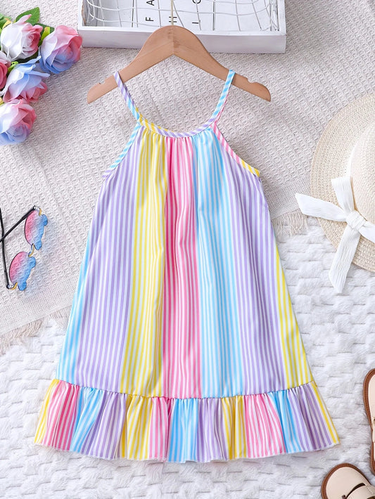 Girls' Summer Colorful Striped Ruffle Hem Dress Children's Summer Vacation Beach Play Suspender Dress Good Vibrations