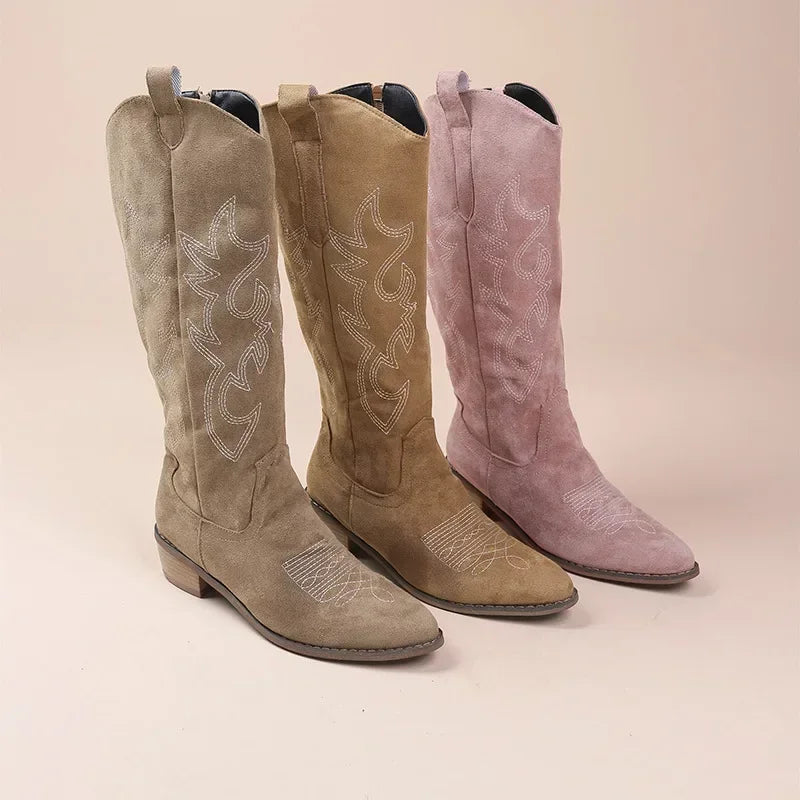 Embroidered Western Cowboy Boots for Women Autumn Pointed Toe Thick Heel High Knee Boots Woman Loose PU Leather Long Botas Mujer Good Vibrations