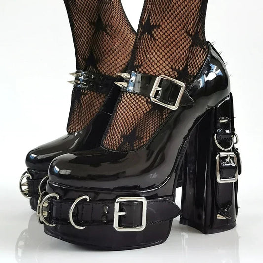 Super High Heels Gothic Pumps Metal Buckle Belt Rings Rivet Sexy Platform Cosplay Chunky High Heels Ankle Strap High Heel Shoes Good Vibrations