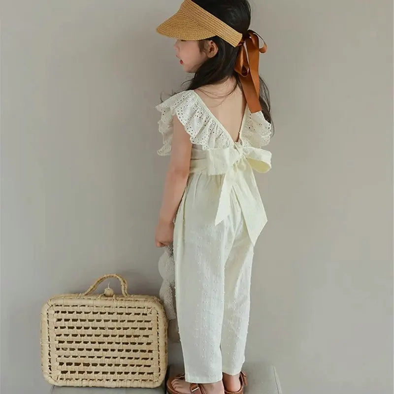 Girls' Clothing Set Hollow Lace Flying Sleeves Top+Cropped pants Summer New Solid Color Minimalist Temperament Children's Set Good Vibrations