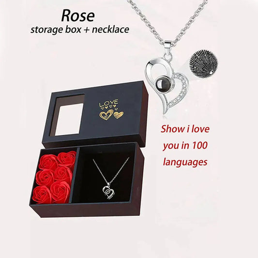Projection Necklace Set With Rose Gift Box 100 Languages I Love You Necklace Gifts For Girlfriend 2025 Valentine's Day Mom Good Vibrations