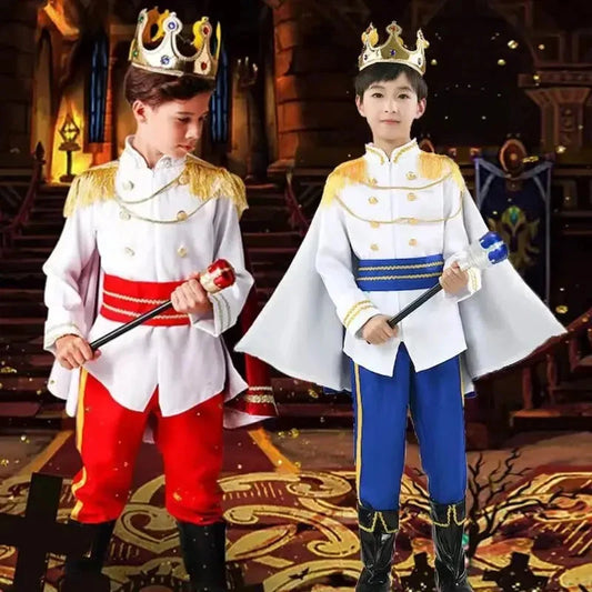 7 Pieces Boys King Carnival Costume Medieval Royal Prince Full Set Outfits for Halloween Birthday Party Fancy Dress Up Good Vibrations
