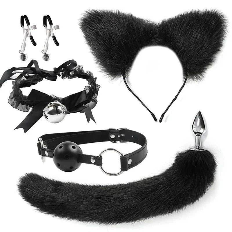 VaHppy SM BDSM Sex Toy Sets role-playing Fox 5pcs/lot Plush Anal Plug Tail Bell Collar Mouth Plugs White/Black/Pink Couple games GOOD Vibrations