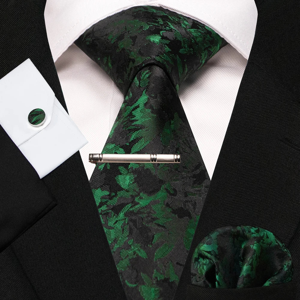 8cm Silk Mens Ties Green Black Ties plaid stripe NeckTie Pocket Square Cufflinks Tie clips Set Men's Wedding business Party Tie Good Vibrations