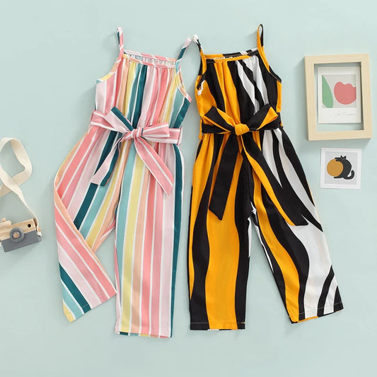 Girls Casual Bandage Sleeveless Suspender Jumpsuit Summer Fashion Stripe Printing Overalls Long Pants Children's Clothing Good Vibrations
