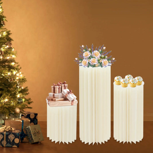 3pcs White Honeycomb Flower Vase Pillar Column Stand Foldable Cardboard Flower Display Cylinder Stand Paper Flower Pedestal Good Vibrations