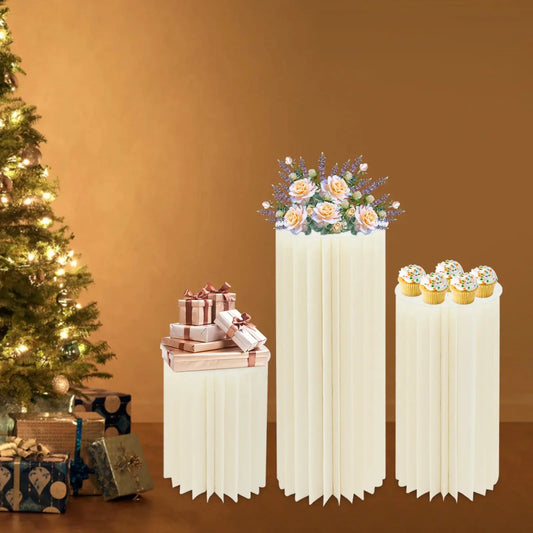 3pcs White Honeycomb Flower Vase Pillar Column Stand Foldable Cardboard Flower Display Cylinder Stand Paper Flower Pedestal Good Vibrations