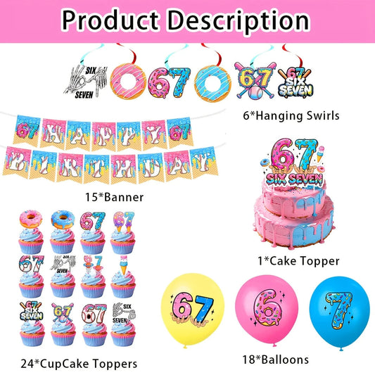 6 7 Birthday Decorations 67 Meme Themed Baseball Ice Cream Donut Banner Cake Topper Balloons for Baby Shower Party Supplies Good Vibrations
