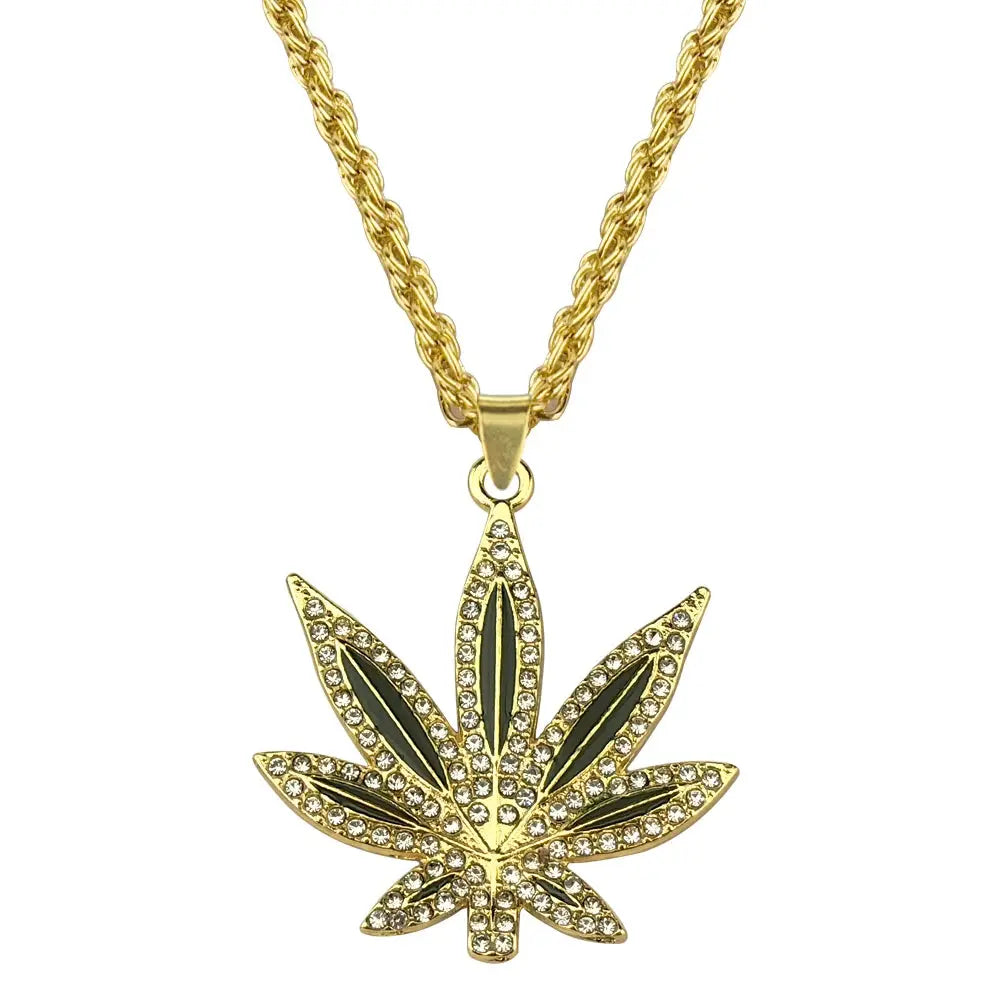 Rhinestone Weed Pendant Necklace Maple Leaf Necklaces Gold Color Chains for Women men Male Steampunk Jewelry Good Vibrations Adult Super Store