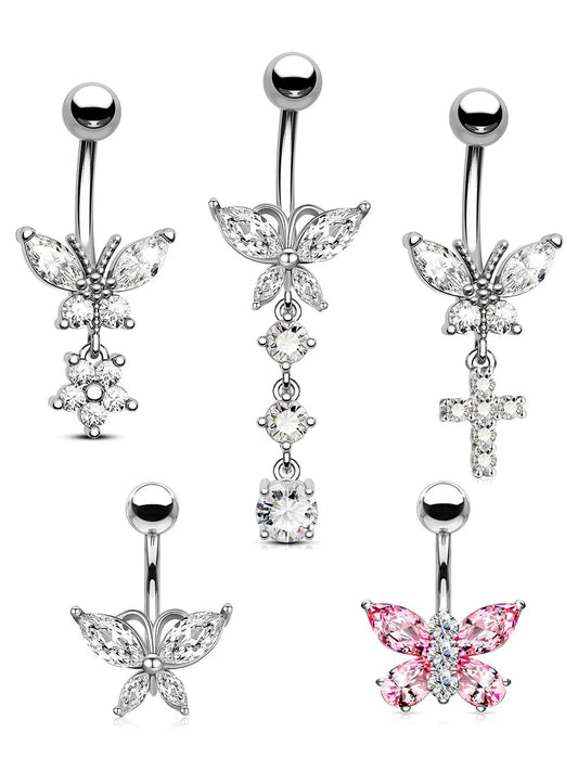 Butterfly Dangle Belly Button Ring Surgical Steel Navel Rings Pink Zircon Umbilical Ring Hypoallergenic Tummy Ring  Piercing Good Vibrations Adult Super Store