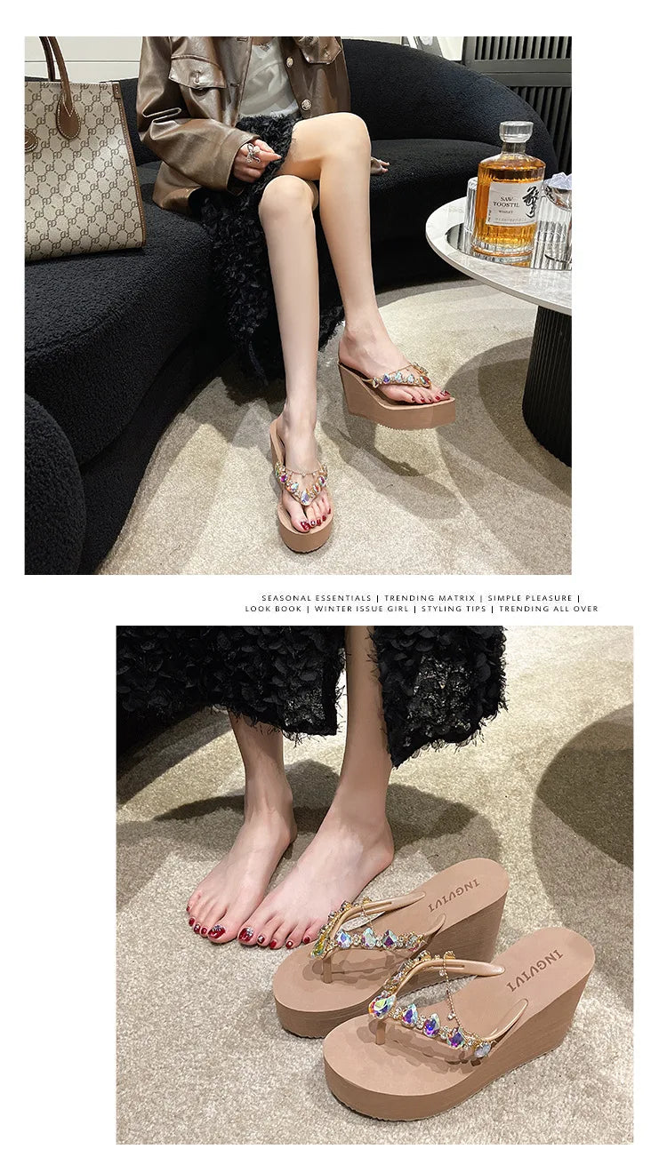Flip Flops Women New High Heeled Slippers Women Diamond Slope Heel Slippers Elegant Fashion Beach Sandals Womens Sexy Shoes Good Vibrations