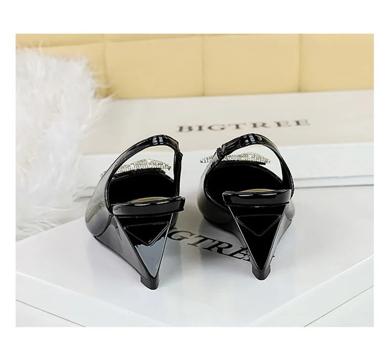 Wedges Women Shoes High Heel Shallow Pointed Toe Hollow Back Straps Patent Leather Triangle Metal Crystal Buckle Pumps Good Vibrations