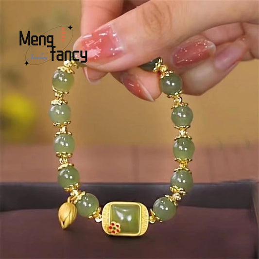 Natural Hetian Jade Bracelet Square Sugar Lotus Bracelet Exquisite Elegant Retro Chinese Style Sexy Young Girls Fashion Jewelry Good Vibrations