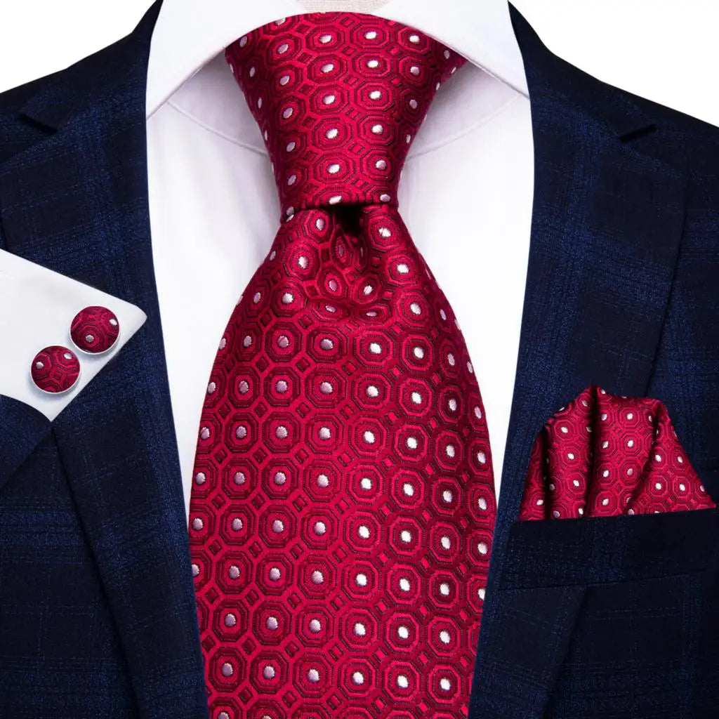 Hi-Tie Designer Red Burgundy Plaid Silk Wedding Tie For Men Handky Cufflink Gift Mens Necktie Fashion Business Party Dropshiping Good Vibrations