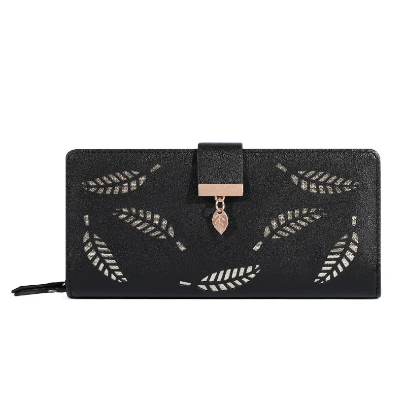 Women Wallet PU Leather Purse Female Long Wallet Gold Hollow Leaves Pouch Handbag For Women Coin Purse Card Holders Clutch Good Vibrations