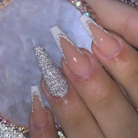 24Pcs Brown Long Coffin False Nails Glitter Ballet Wearable with French Design Fake nails Full Press on Nail Ins Nail Tips Art Good Vibrations