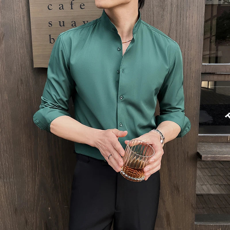 New Chinese Style Stand-Up Collar Shirt Luxury Solid Color Long Sleeve Slim Fit Elastic Casual Social Party Shirts Tuxedo 4XL-M Good Vibrations