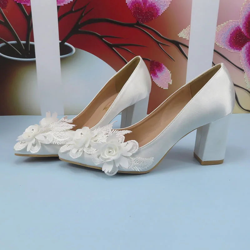 BaoYaFang New Arrival Thick Heel Pointed Toe Womens Wedding Shoes High Heels ladies fashion shoes woman White Lace ankle strap Good Vibrations