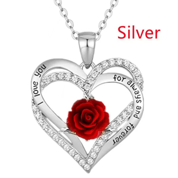 Fashion Women Heart Rose Necklace Cross Heart Bow Pendant Engagement Necklace for Women Flower Jewelry Birthday Anniversary Gift Good Vibrations