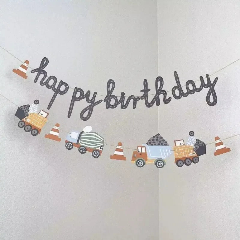 Building Construction Themed Happy Birthday Banner Party Decoration Tractor Excavator Flag Kids Boys Party Supplies Baby Shower Good Vibrations
