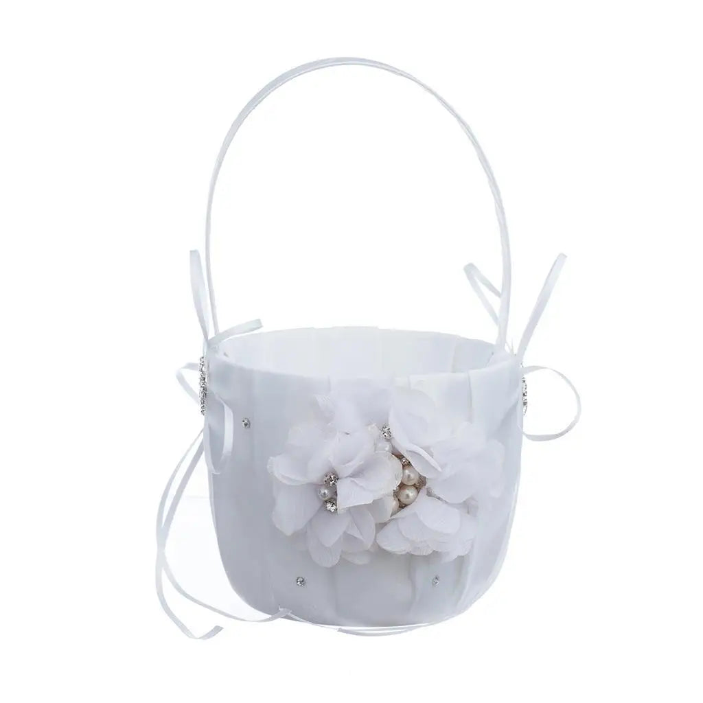 Wedding Bowknot Faux Pearl Flower Girl Basket With Heart Shape Decor Pink Good Vibrations